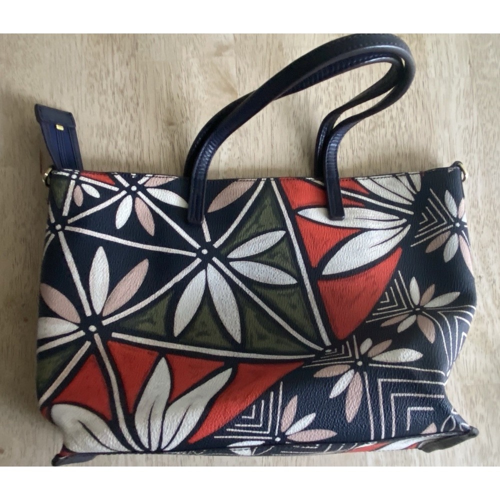TORY BURCH Kerrington Printed Tote Floral Pebbled Leather Bag Black Red Green